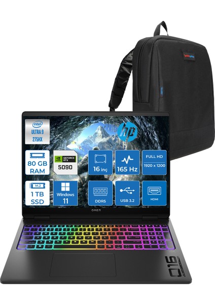 Omen Max 16-AH0005NT Intel Core Ultra 9 275HX 80GB Ddr5 1tb SSD 24GB Nvıdıa RTX5090 16 Inç Full Hd+ 165Hz 3ms IPS Windows 11 Pro Siyah OB92QNEAP17 + Zetta Çanta