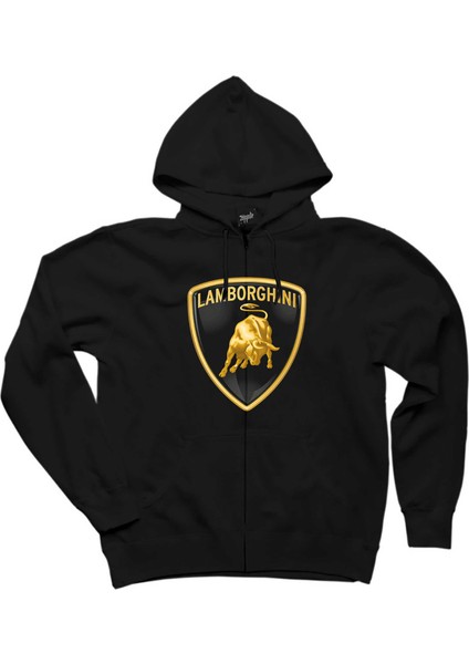 Lamborghini Logo 2 Siyah Fermuarlı Kapşonlu Sweatshirt