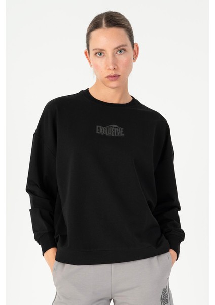 Oversize Kadın Bisiklet Yaka Uzun Kol Siyah Sweatshirt 23076