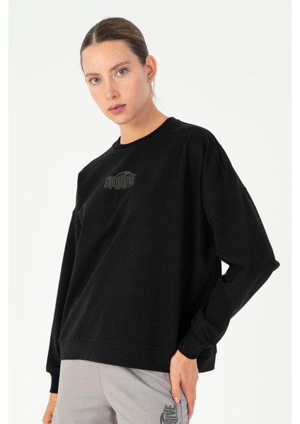 Oversize Kadın Bisiklet Yaka Uzun Kol Siyah Sweatshirt 23076 modelleri