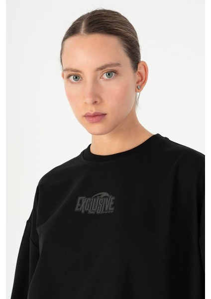 Oversize Kadın Bisiklet Yaka Uzun Kol Siyah Sweatshirt 23076 fırsatları