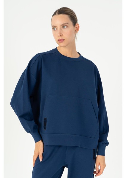 Oversize Kadın Bisiklet Yaka Uzun Kol Açık Lacivert Sweatshirt 23111