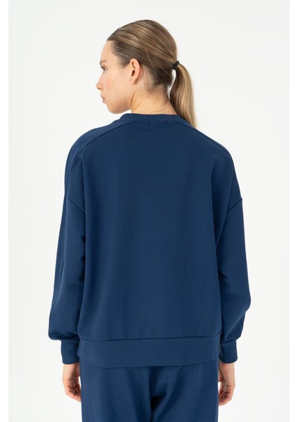 Oversize Kadın Bisiklet Yaka Uzun Kol Açık Lacivert Sweatshirt 23111 fiyatları