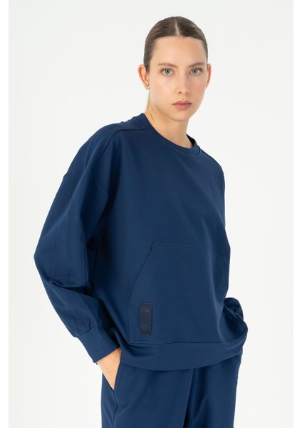 Oversize Kadın Bisiklet Yaka Uzun Kol Açık Lacivert Sweatshirt 23111 fırsatları