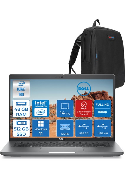 Latitude 5450 Ultra 7-165H Vpro 40 GB Ddr5 512 GB SSD 14" Fhd Windows 11 Pro Taşınabilir Bilgisayar XCTOL5450EMEA165HW13+ZETTAÇANTA