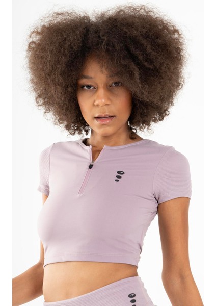 SlimFit Kadın Bisiklet Yaka Lila Crop Top