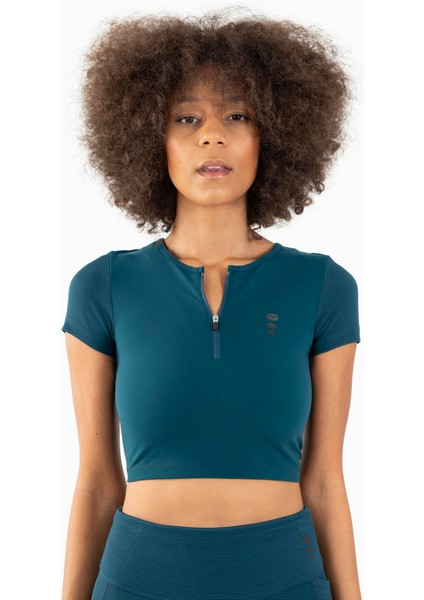 SlimFit Kadın Bisiklet Yaka Turkuaz Crop Top