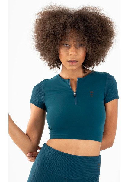 SlimFit Kadın Bisiklet Yaka Turkuaz Crop Top modelleri