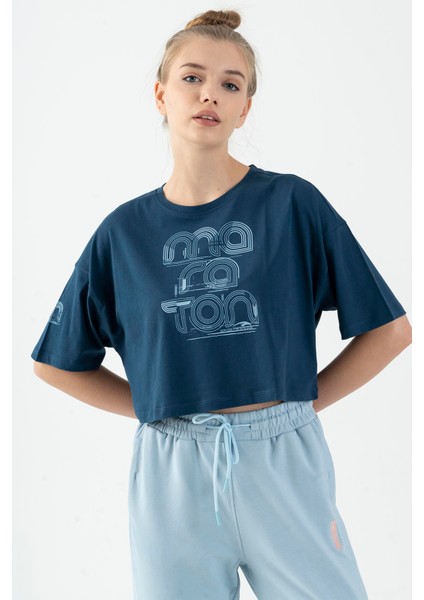 Comfort Kadın Bisiklet Yaka Navymelanj Crop Top