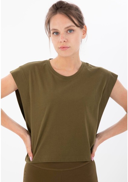 Regular Kadın Bisiklet Yaka Zeytin Crop Top
