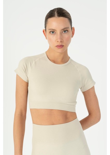 SlimFit Kadın Bisiklet Yaka Bej- Crop Top