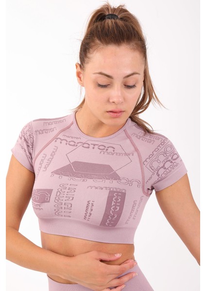 SlimFit Kadın Bisiklet Yaka Kısa Kol Lila Crop Top 811037