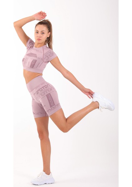 SlimFit Kadın Bisiklet Yaka Kısa Kol Lila Crop Top 811037 fırsatları