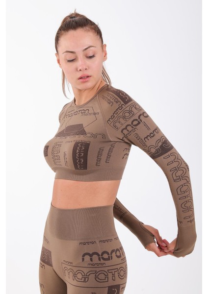SlimFit Kadın Bisiklet Yaka Uzun Kol Kakao Crop Top 816025 modelleri