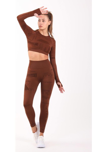 SlimFit Kadın Bisiklet Yaka Uzun Kol Sepya Crop Top 816025 indirimleri