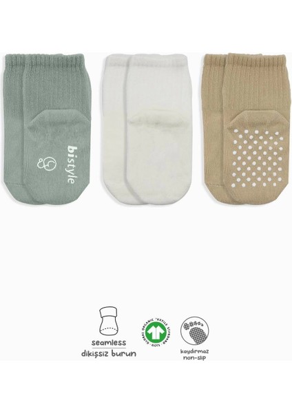 Bistyle Basic Kaymaz Penye Soket Çorap 3'lü BS10107 Nil Ekru Bej