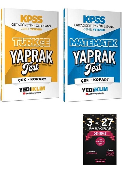 Yediiklim 2026 Kpss Lise Ortaöğretim Ön Lisans Türkçe + Matematik Yaprak Test 2 Li Set