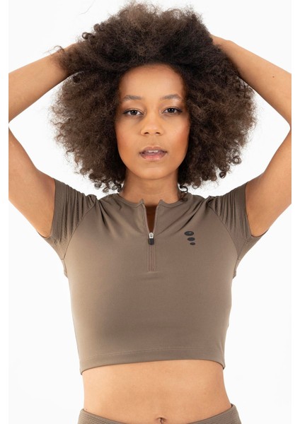 SlimFit Kadın Bisiklet Yaka Kakao Crop Top