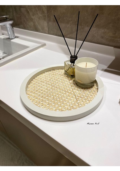 Rattan Hazeran Yuvarlak Tepsi Beyaz (%100 Doğal Hazeran)