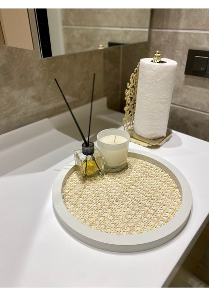 Rattan Hazeran Yuvarlak Tepsi Beyaz (%100 Doğal Hazeran)