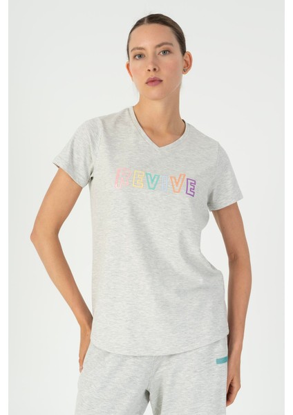 Regular Kadın V Yaka Kısa Kol Ekru T-shirt 23128