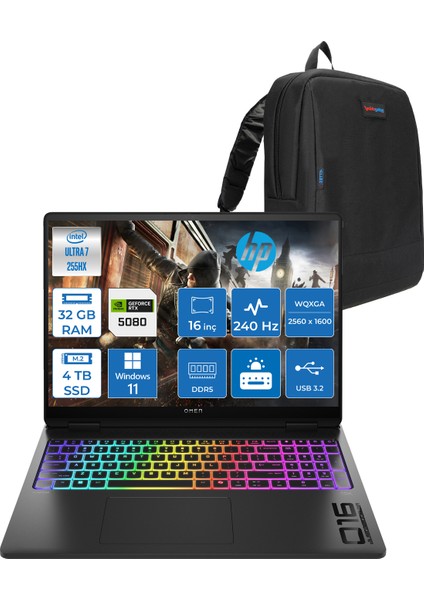 Omen Max 16-AH0014NT Intel Core Ultra 7 255HX 32GB Ddr5 4tb SSD 16GB Nvıdıa RTX5080 16 Inç 2k Wqxga 240Hz 3ms IPS Windows 11 Pro Siyah OB8SQ9EAP03 + Zetta Çanta