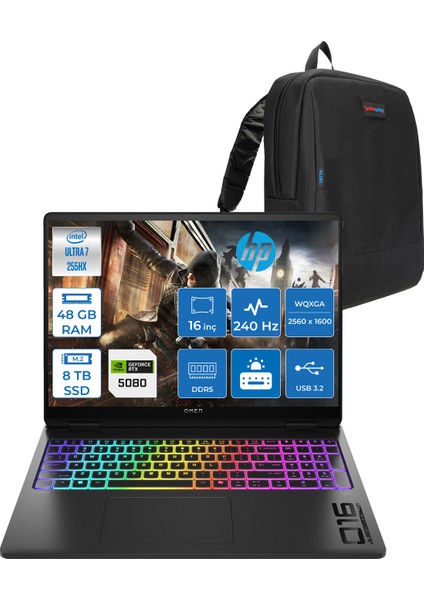Omen Max 16-AH0014NT Intel Core Ultra 7 255HX 48GB Ddr5 4tb SSD + 4tb SSD 16GB Nvıdıa RTX5080 16 Inç 2k Wqxga 240Hz 3ms IPS Freedos Siyah OB8SQ9EAF12 + Zetta Çanta