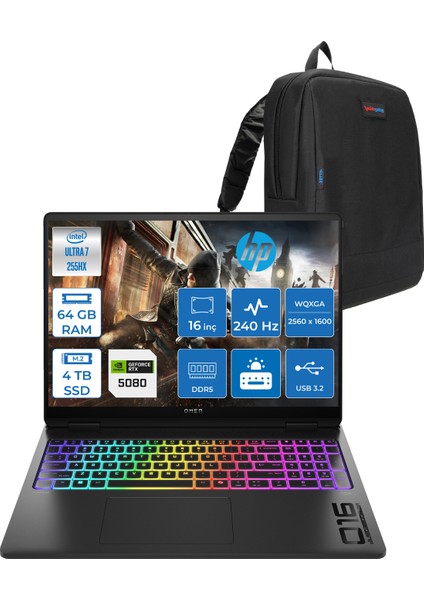 Omen Max 16-AH0014NT Intel Core Ultra 7 255HX 64GB Ddr5 4tb SSD 16GB Nvıdıa RTX5080 16 Inç 2k Wqxga 240Hz 3ms IPS Freedos Siyah OB8SQ9EAF15 + Zetta Çanta