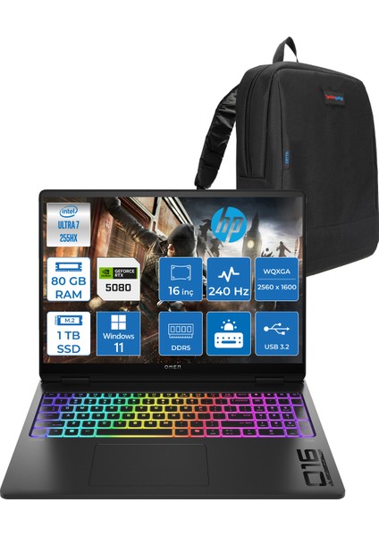 Omen Max 16-AH0014NT Intel Core Ultra 7 255HX 80GB Ddr5 1tb SSD 16GB Nvıdıa RTX5080 16 Inç 2k Wqxga 240Hz 3ms IPS Windows 11 Pro Siyah OB8SQ9EAP17 + Zetta Çanta