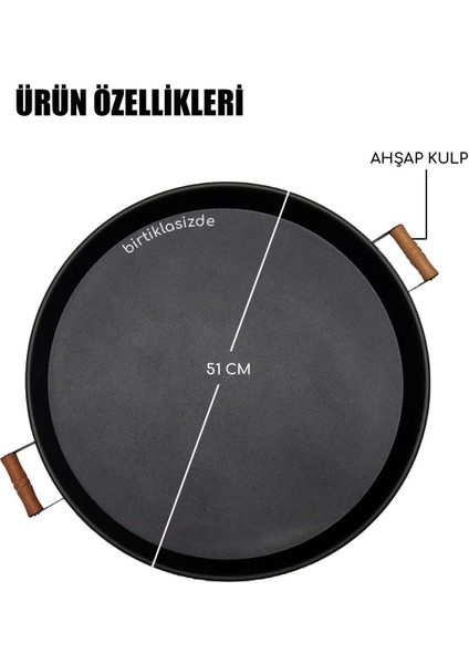 51 cm Ahşap Kulplu Metal Yuvarlak Siyah Tepsi Sunum Tepsi, Kahvaltı Tepsisi