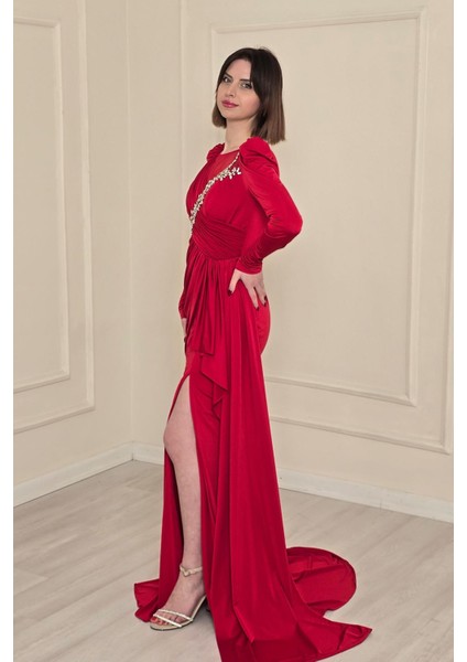 Kırmızı Taş Ilemeli Buzzy Abiye 5285 modelleri