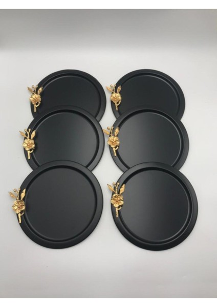 6'lı Yuvarlak Gold Çiçekli Siyah Sunum Tepsisi, Dekoratif Servis Tepsisi Çay Kahve 24 cm