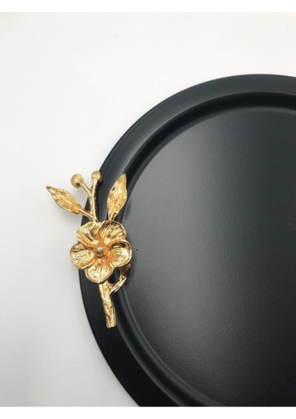 6'lı Yuvarlak Gold Çiçekli Siyah Sunum Tepsisi, Dekoratif Servis Tepsisi Çay Kahve 24 cm