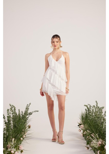 Fırfır Detaylı Şifon Kumaş Mini Ulya Elbise Beyaz