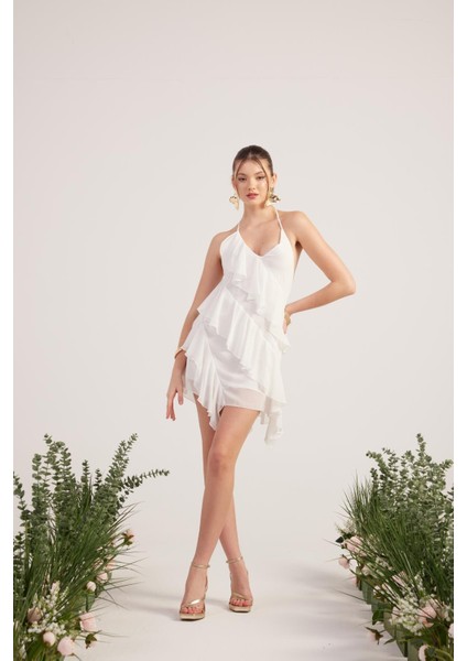 Fırfır Detaylı Şifon Kumaş Mini Ulya Elbise Beyaz modelleri