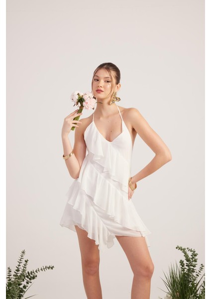 Fırfır Detaylı Şifon Kumaş Mini Ulya Elbise Beyaz fırsatları