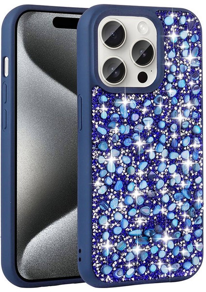 Apple iPhone 15 Pro Kılıf Parlak Taşlı Tasarım Iksp Linea Kapak-Lacivert
