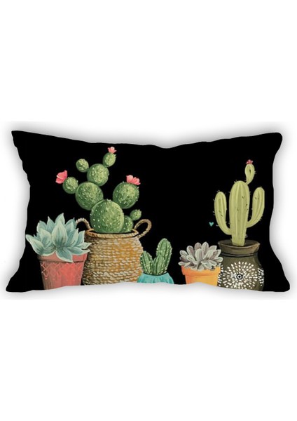 Kaktüs Desenli Dijital Baskılı Dikdörtgen Kırlent Kılıfı 35X55 cm