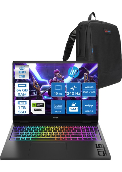 Omen Max 16-AH0010NT Intel Core Ultra 9 275HX 64GB Ddr5 1tb SSD 16GB Nvıdıa RTX5080 16 Inç 2k Wqxga 240Hz 3ms IPS Freedos Siyah OB92QREAF13 + Zetta Çanta