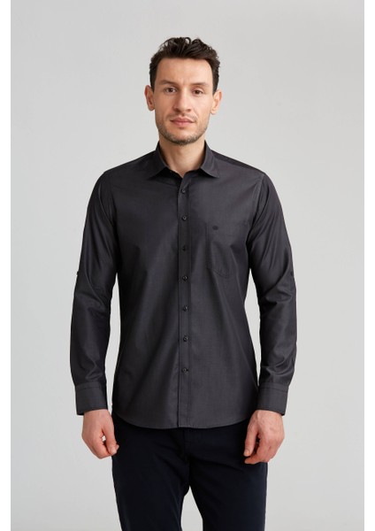 Regular Fit Paşa Yaka Kol Içi Apoletli Antrasit Erkek Gömlek GM23K232043_D58