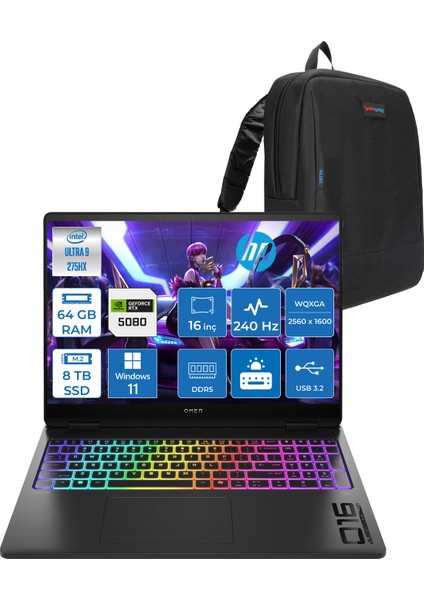 Omen Max 16-AH0010NT Intel Core Ultra 9 275HX 64GB Ddr5 4tb SSD + 4tb SSD 16GB Nvıdıa RTX5080 16 Inç 2k Wqxga 240Hz 3ms IPS Windows 11 Pro Siyah OB92QREAP16 + Zetta Çanta