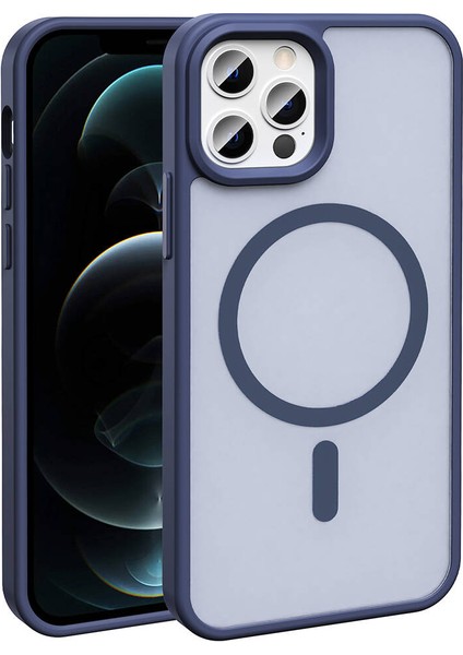 Apple iPhone 12 Pro Kılıf Magsafe Şarj Özellikli Mat Arka Yüzey Iksp Sio Kapak-Lacivert