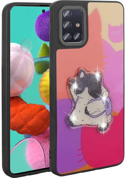 Samsung Galaxy A51 Kılıf Parlayan Kabartmalı Ikonik Figürlü Iksp Amas Silikon Kapak-Mor