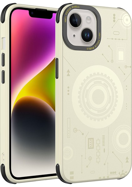 Apple iPhone 14 Plus Uyumlu Wireless Şarj Özellikli Desenli Hot Kapak-Gold