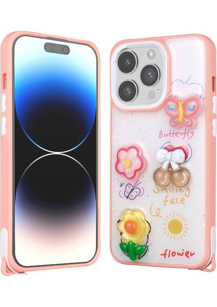 Apple iPhone 14 Pro Max Kılıf Parlayan Sıvılı Simli Kabartma Figürlü Iksp Cevze Kapak-Pembe