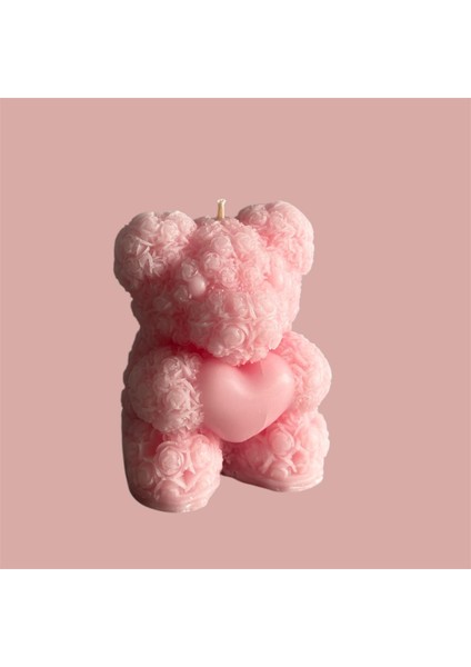 Küçük Boy Desenli ve Kalpli Ayıcık Mum Açık Pembe, Kadınlar Günü