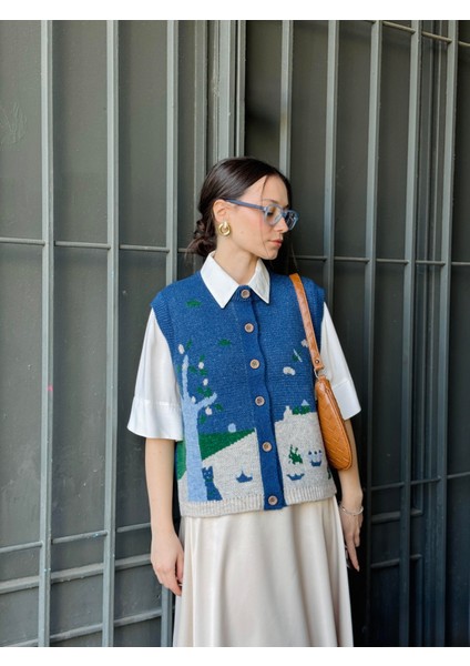 Tasarım Doğa Temalı Yelek Kadın Indigo fırsatları