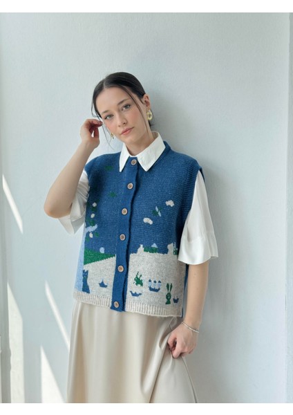 Tasarım Doğa Temalı Yelek Kadın Indigo indirimleri