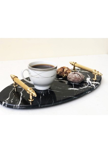 Doğal Siyah Mermer Elips(Oval) Tepsi Gold Kup