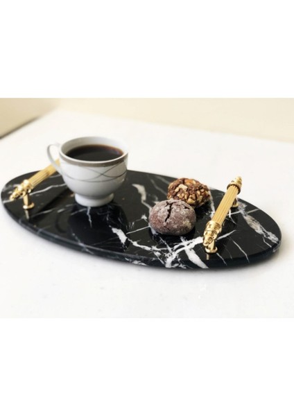 Doğal Siyah Mermer Elips(Oval) Tepsi Gold Kup fırsatları